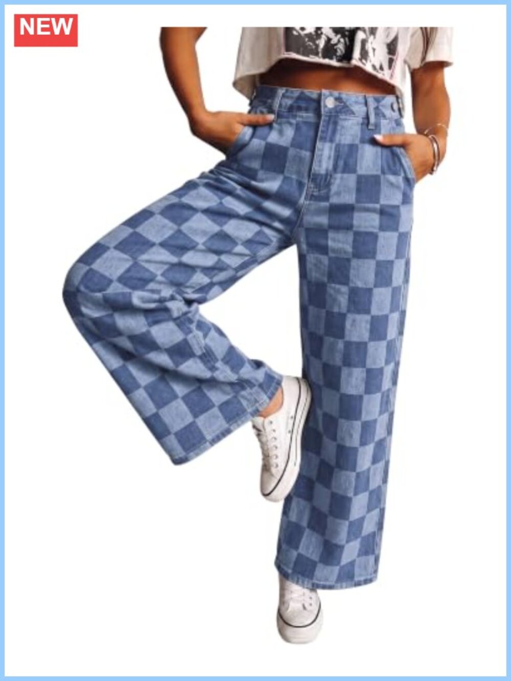 High Rise Cinch Waist Wide Leg Stretch Jeans Checkered